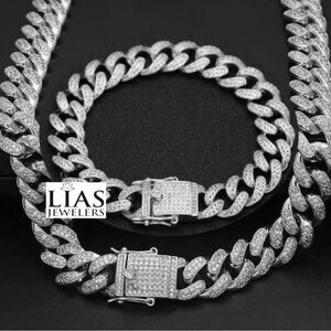 New 18k white gold filled Cuban Link chain set